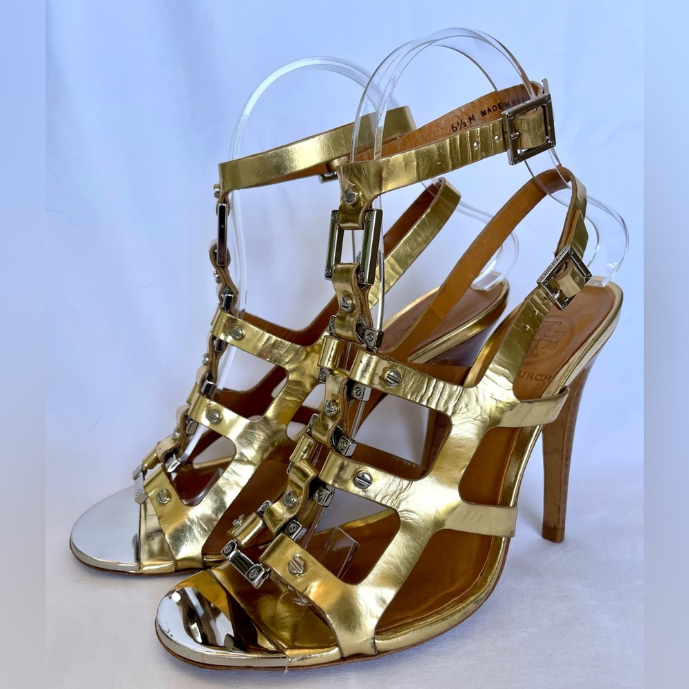 TORY BURCH FRANCESCA GLADIATOR STRAPPY HIGH HEELED SANDALS. GOLD. SIZE 6.5